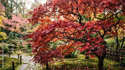 Breathtaking red autumn japanese maple tree in peaceful forest garden