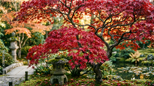 Japanese garden with red maple tree and traditional stone lantern, japanese