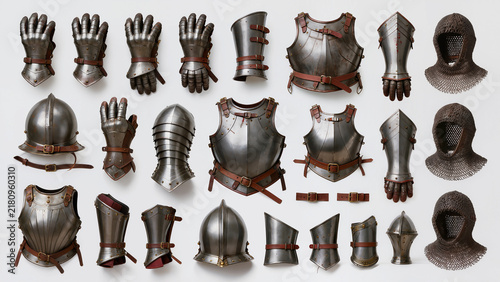 Steel Armor Components Arranged in Organized Collection