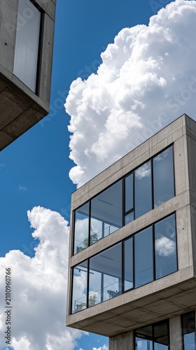 Modern Architectural Design Featuring Glass Facades Against a Bright Blue Sky and Fluffy Clouds