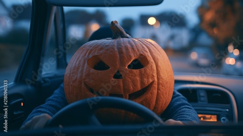 pumpkin with a face driving a cart
