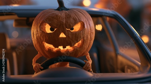 pumpkin with a face driving a cart