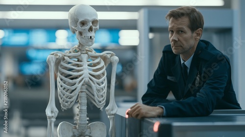 Skeleton passing through an airport scanner