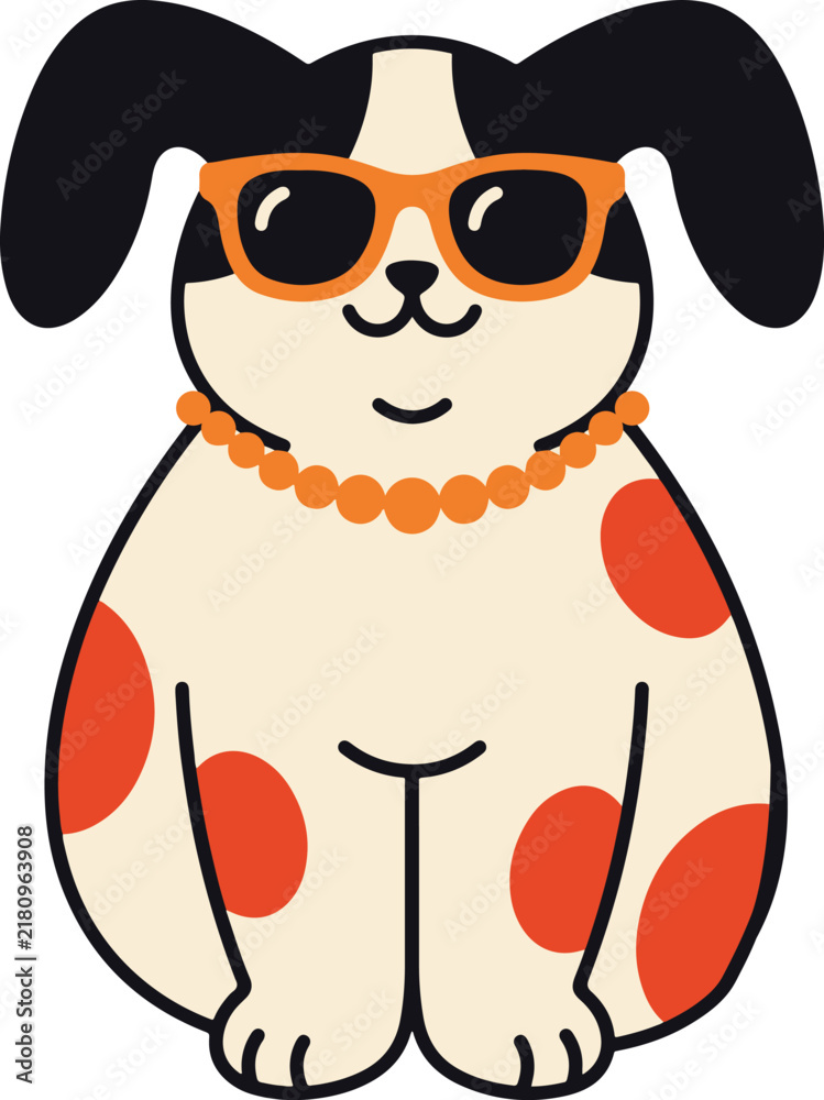 Fototapeta premium Cute spotted dog sitting wearing fashionable orange sunglasses and beaded necklace flat vector icon for pet branding.