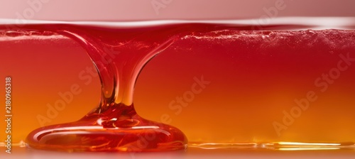 Thin ribbon of cooled gelatin pouring over a vibrant orange layer in a glass container