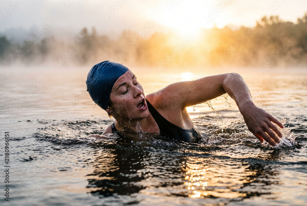 Obraz premium Open water swimming at sunrise with a female athlete in misty lake water
