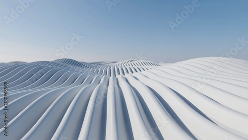 Abstract white architectural pattern with fluted ridges sweeping into the distance under a blue sky