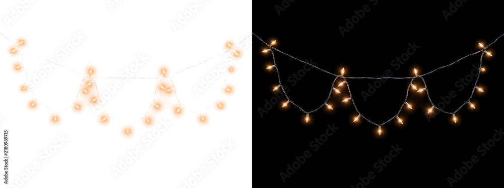 Obraz premium Hanging String Lights Overlay with Warm Golden Glowing Mini Bulbs on Black Background
