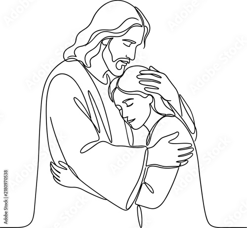 Foto Continuous line drawing of Jesus Christ embracing a woman with compassion