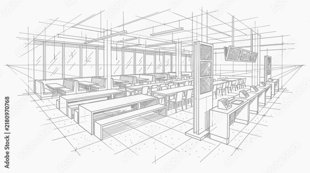 Fototapeta premium Cafeteria interior is depicted through an architectural line drawing, featuring long communal tables with benches, a serving line, and large windows.