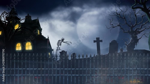 Haunted Mansion Skeleton Ghost Moon 4k Loop features a scene with a mansion and small cemetery with a full moon and moving clouds and walking skeleton and a ghost flying forward at the end in a loop.