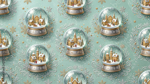 luxurious three dimensional christmas wrapping paper pattern showing intricate crystal snow globes featuring tiny golden villages and floating silver glitter on a frosty mint canvas