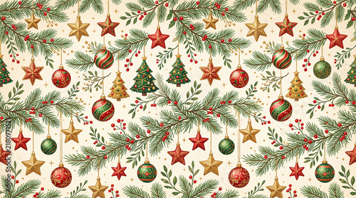 ornaments of various shapes including stars balls and trees hanging from branches with berries and pine needles repeating pattern design for elegant christmas gift wrapping paper
