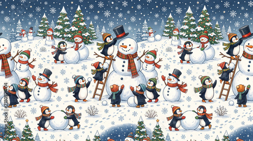 jolly snowmen and penguins building a giant snowman together in a snowy field with trees and falling snowflakes repeating pattern design for whimsical christmas wrapping paper