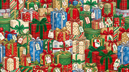stacked presents of all shapes and sizes with various colorful ribbons bows and gift tags creating a dynamic repeating pattern for holiday season gift wrapping paper design