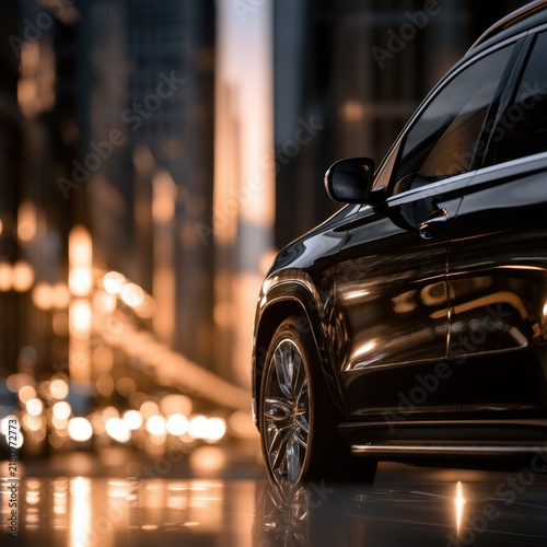 Sleek modern black car parked on a city street during golden hour with warm reflections and blurred urban lights in the background