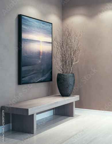 3D rendering, 3d illustration, Large Luxury modern living room interior,  brutalist architecture realistic lighting,  Graphic Overlay wide angle, contemporary furniture, clean lines, minimalist decor,