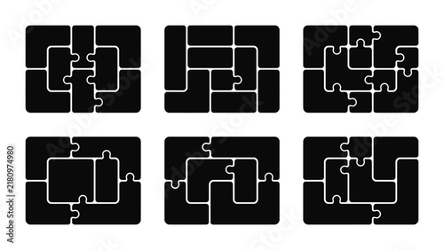 Collection of six black jigsaw puzzle rectangular frames with various interlocking piece configurations isolated on a white background