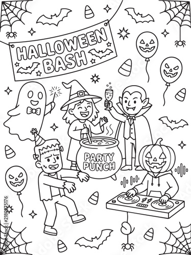 Halloween Bash party coloring page with witch, vampire, Frankenstein and pumpkin DJ, black and white line art vector