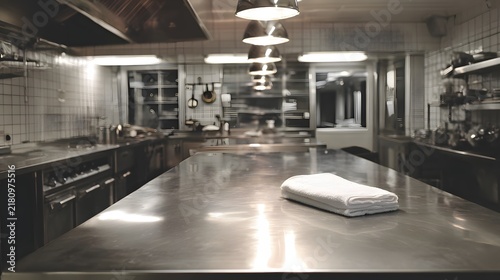 White folded kitchen towel on stainless steel worktable in commercial kitchen.