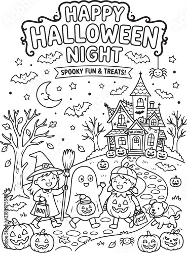Cute Halloween night coloring-style line art featuring a haunted house, smiling pumpkins, friendly characters, bats, a crescent moon, trees, stars, and the text “HAPPY HALLOWEEN NIGHT.”