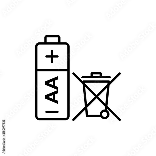A line-art style icon of an AA battery beside a wheelie bin with a prominent 'X' through it, indicating that batteries should not be thrown in regular trash. This symbolizes proper hazardous waste dis