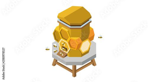Abstract beehive honeycomb structure with bees