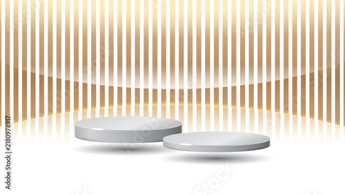 Two white podium in different sizes elegant golden strips background empty presentation studio product decoration