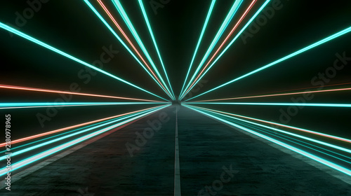 Futuristic technology illuminates dark road with vibrant neon lights creating dynamic atmosphere
