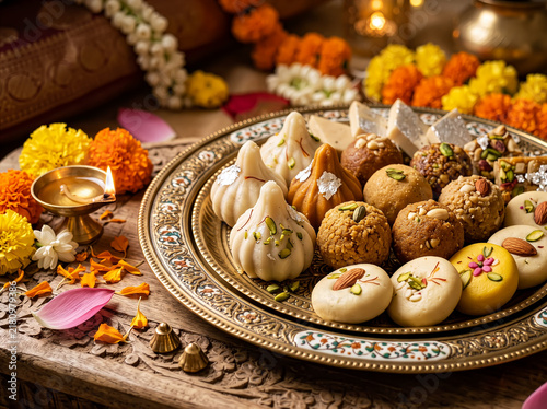 Traditional Indian Sweets Platter for Diwali or Ganesh Chaturthi Celebration With Diyas, Marigolds and Festive Decor