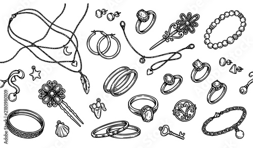 Bild auf Leinwand Hand Drawn Jewelry Collection Doodle Vector Set with Rings Earrings Necklaces an