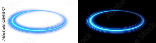 Glowing blue energy ring with elliptical motion streak, futuristic neon circle light effect overlay isolated on transparent background