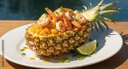 Golden rice and shrimp served in a hollowed pineapple on a white plate