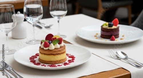 Gourmet dessert plates on a well-set table