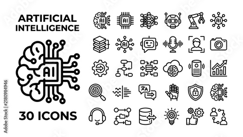 Artificial Intelligence Icon Set: A comprehensive collection of 30 line icons representing various aspects of artificial intelligence, machine learning, and data science.