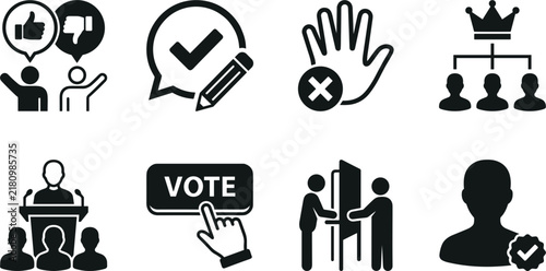 Voting and election icon collection featuring voter feedback, approval, ballots, polling, leadership, participation and candidate verification symbols