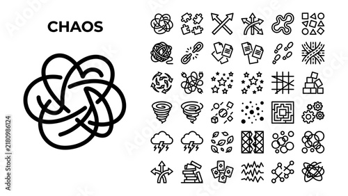Chaos Theory Icons: A collection of stylized icons representing concepts of chaos, disorder, and complexity, accompanied by a bold graphic illustrating tangled lines.