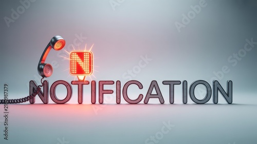 Glowing notification text with vintage telephone receiver, 3D alert icon with letter N, customer support and communication concept