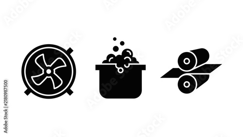 Industrial Chemical and Paper Processing Silhouette Icons of Industrial Fan Boiling Vat and Rollers