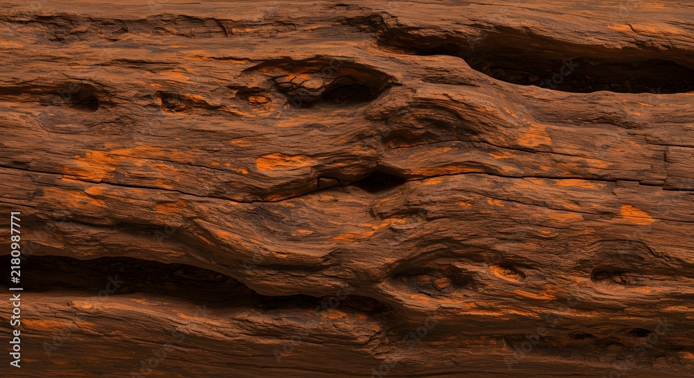 Obraz premium Textured wooden surface, deep grooves, knots, warm brown colors, orange highlights, natural grain patterns, soft lighting, organic feel.