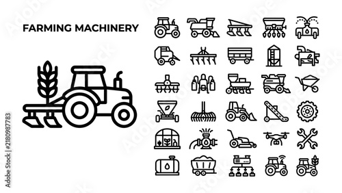 Foto Farming Machinery Icons: A collection of detailed line art icons representing various agricultural machinery, including tractors, harvesters, plows, and more, illustrating the tools of modern farming