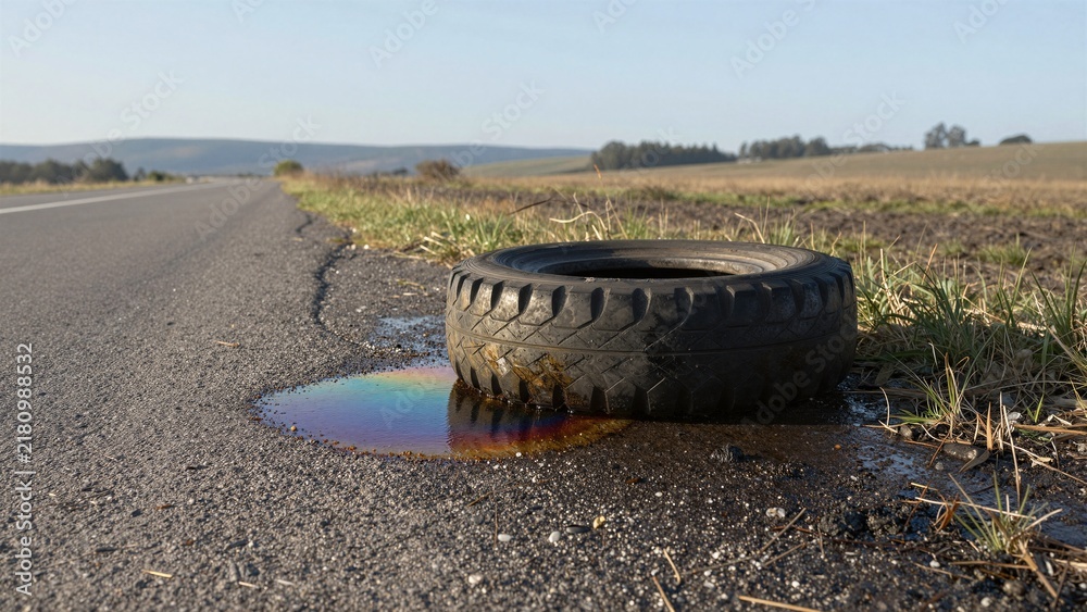 Obraz premium A discarded tire leaks colorful oil onto asphalt, creating a rainbow sheen under sunlight beside an empty road.