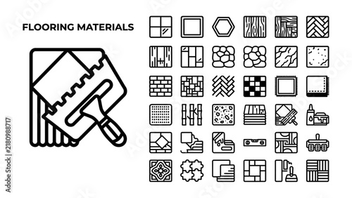 Flooring Materials Icons: A collection of diverse icons representing various flooring materials and installation tools, offering a visual guide to interior design and construction options.