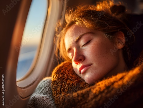 Young woman sleeping peacefully by airplane window during sunset, illuminated by warm golden light