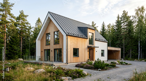 A modern wooden house with a sloped roof nestled amongst tall trees in a forest clearing. The house features large windows and a carport, surrounded by natural landscape with rocks and vegetation