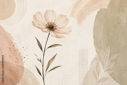Minimal Botanical Flower Wall Art with Neutral Boho Abstract Shapes