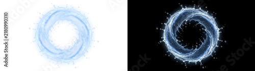Luminous water splash ring with sparkling droplets, realistic liquid wave graphic effect overlay isolated on transparent background