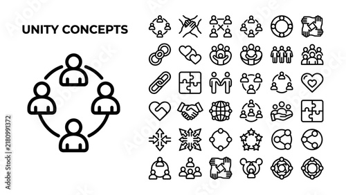 Obraz na płótnie Unity Concepts: A collection of diverse icons illustrating various aspects of unity, including teamwork, collaboration, community, and connection