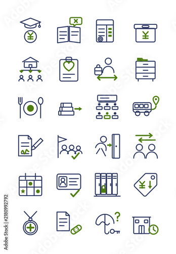 School office administration icon set: financial aid application, permanent record archive, seating chart, fire drill evacuation, editable stroke, isolated on transparent background