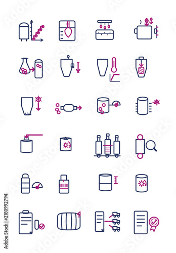 Brewery production operations icon set: mash tun temperature step, wort gravity reading, diacetyl rest, dry hopping, bright tank carbonation, editable stroke, isolated on transparent background